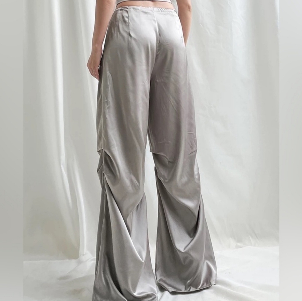 Heather Grey Silver Wide Satin Pant With Adjustable Cinch Ties - Picture 8 of 8